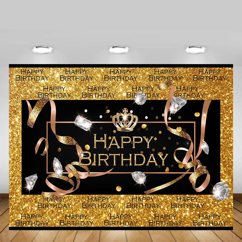 Mehofond Gold Black Happy Birthday Backdrop Step and Repeat Luxury Diamond Crown Photography Background Decor Banner Photo Props