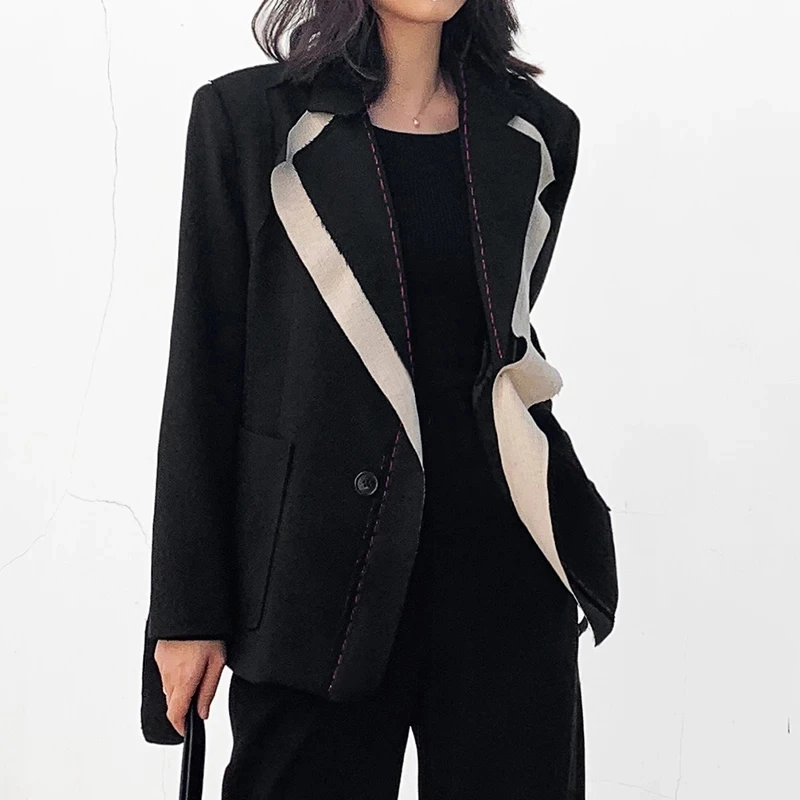 New Fashion Patchwork Hit Color Temperament Suit Outerwear Women Lapel Long Sleeve Loose Blazers Office Coat