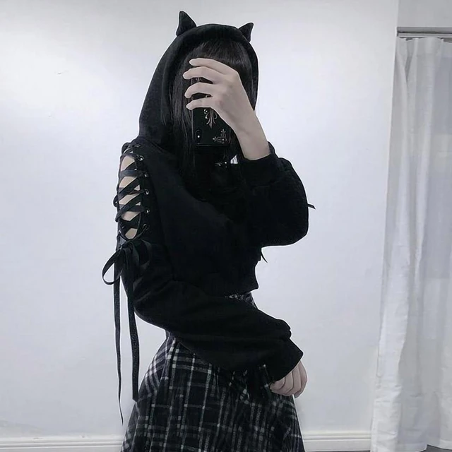 Cat ears lace up sweatshirt sale