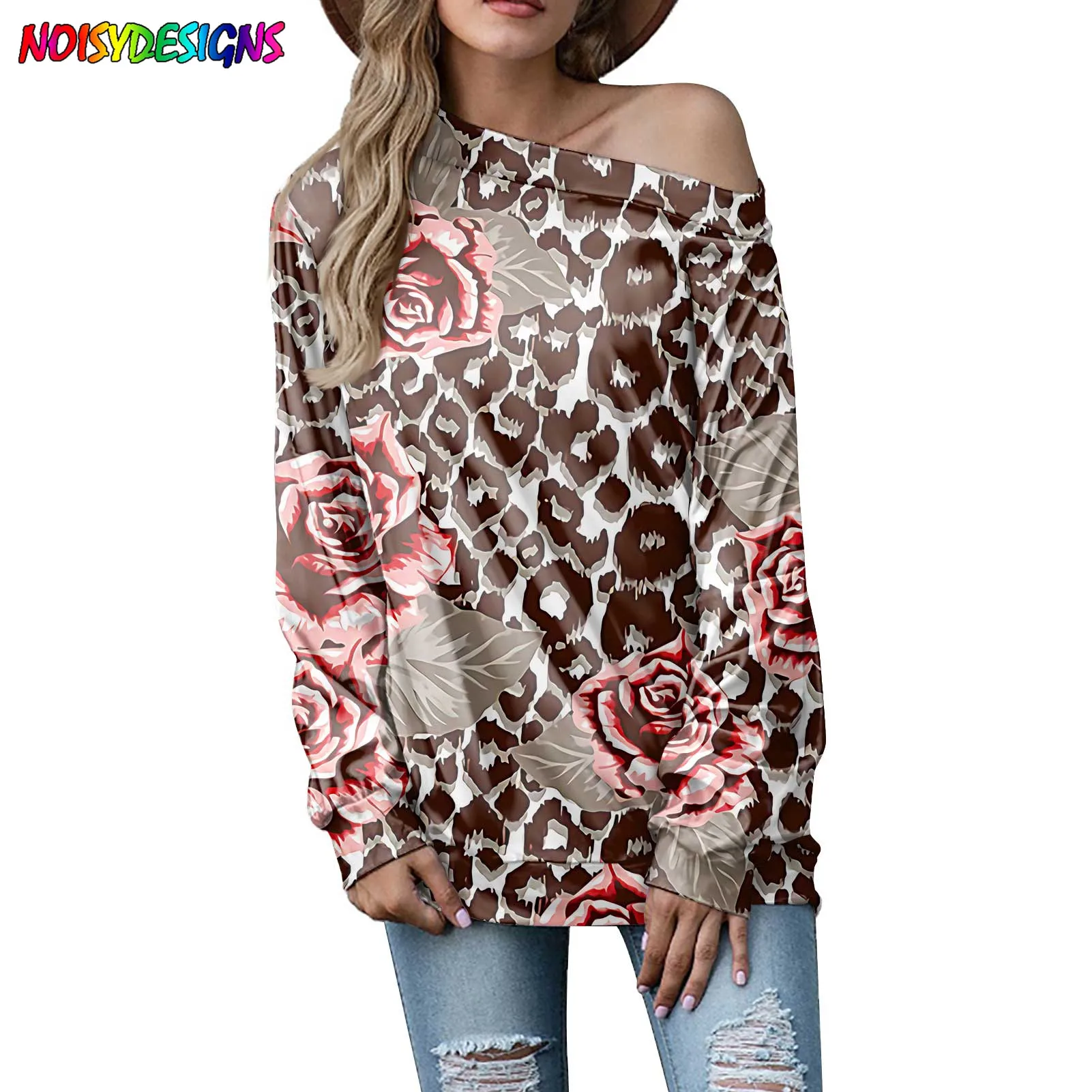 NOISYDESIGNS Femme Casual Long Sleeve Top Women Summer Sexy Leopard Flower Prints T Shirts Fashion Streetwear Tops Shirt Autumn