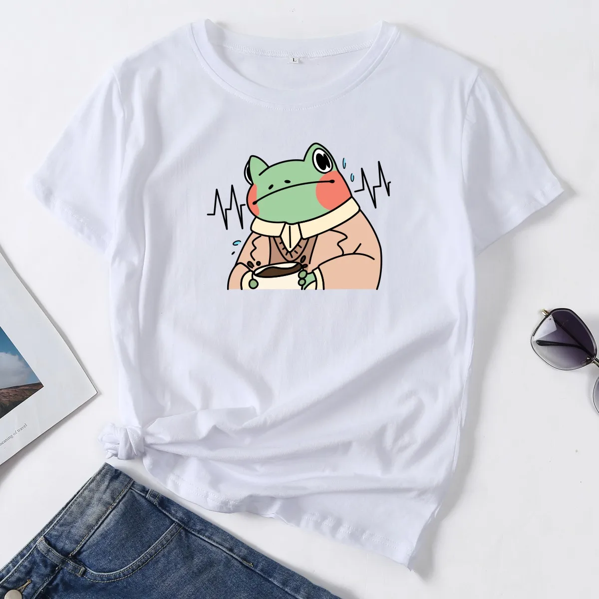 Cartoon Thinking Frog Shirt Woman T-Shirt Short Sleeve T-Shirts Summer Tops for Women Cute Graphic Tee Female Shirt Clothes Top