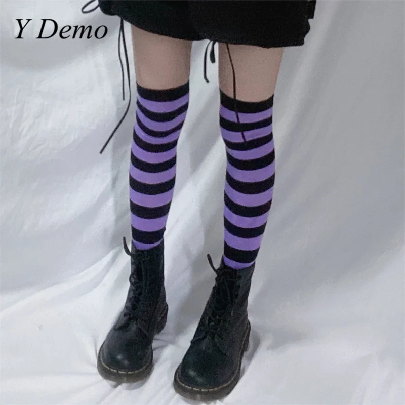 Y Demo Harajuku Grunge Striped Over-knee Women\'s Stockings Casual Stretchy Slim Stockings