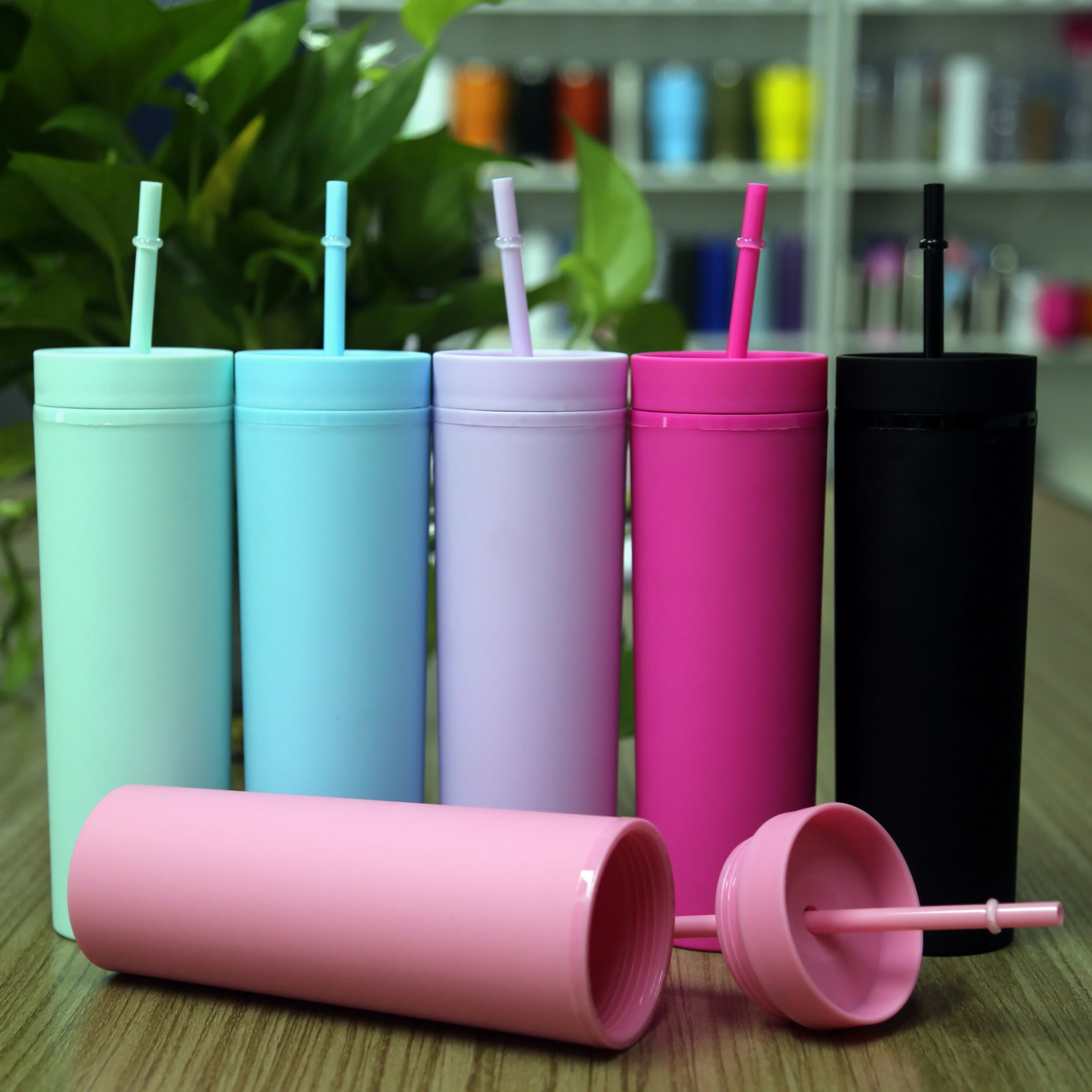 16oz Acrylic Skinny Tumblers Matte Colors Double Wall 500ml Tumbler Coffee Drinking Plastic Sippy Cup With Lid Straws