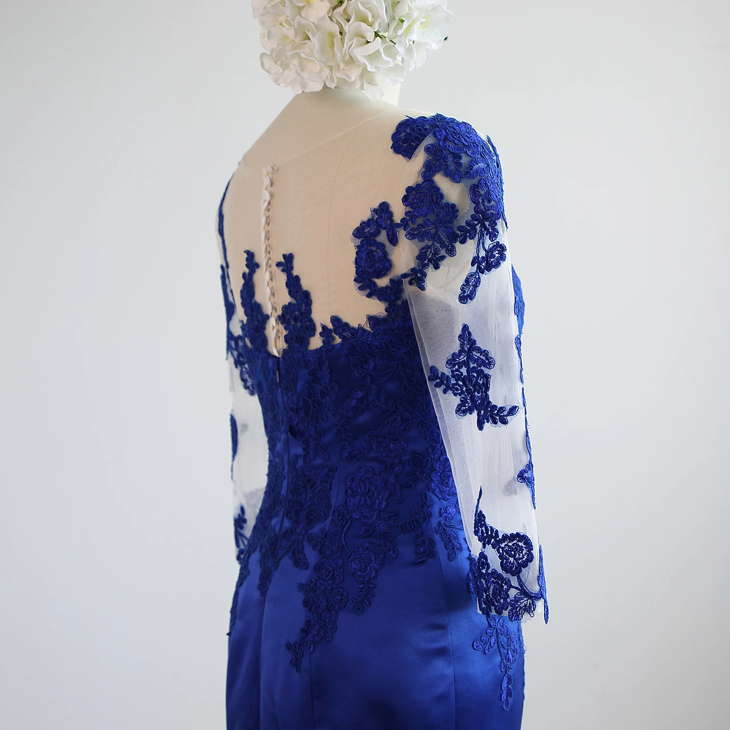 Royal Blue Satin Lace 3/4 Mouwen Floor-Length Mermaid/Trompet Moeder Van De Bruid Jurken Custom Made