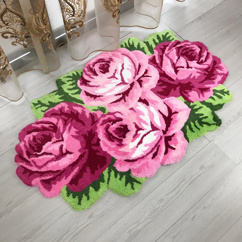 Top Quality Pink Rose Rug Hand Woven Rose Flowers Carpet Doormat Floor Mat for Living Room Bedroom Bathroom 110*70CM