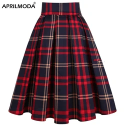 Y2K Vintage Pleated Red Plaid Skirt School Uniform Print High Waist Women Retro Summer 50s Rockabilly Skirts Cotton Midi Skater