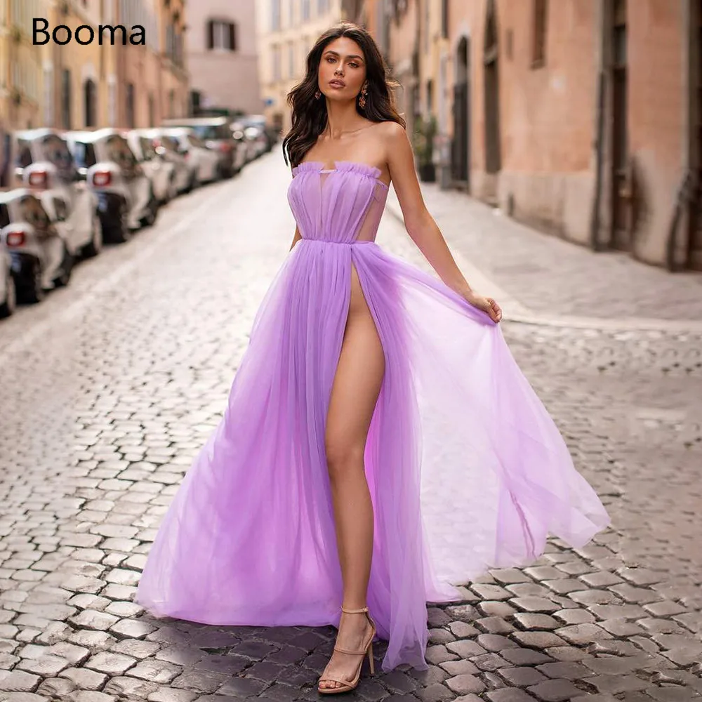 Vestido de baile sem alças estilo lavanda, vestidos de festa e festa de fenda alta e sem manga, plissado, de tule transparente