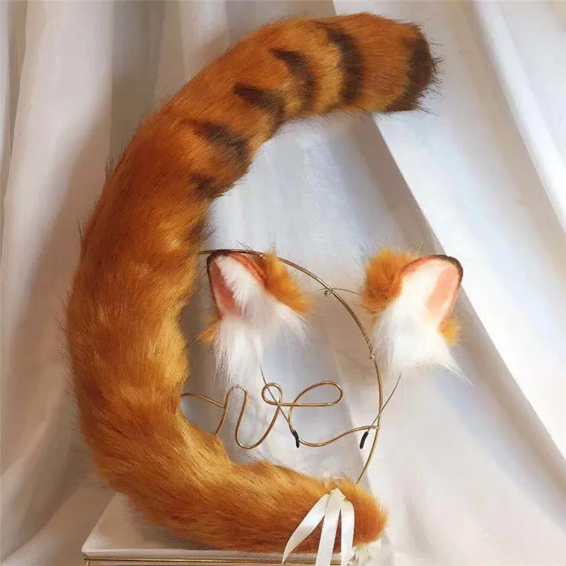 動物のしっぽが付いたオレンジ色の猫の耳カスタムコスプレ新品