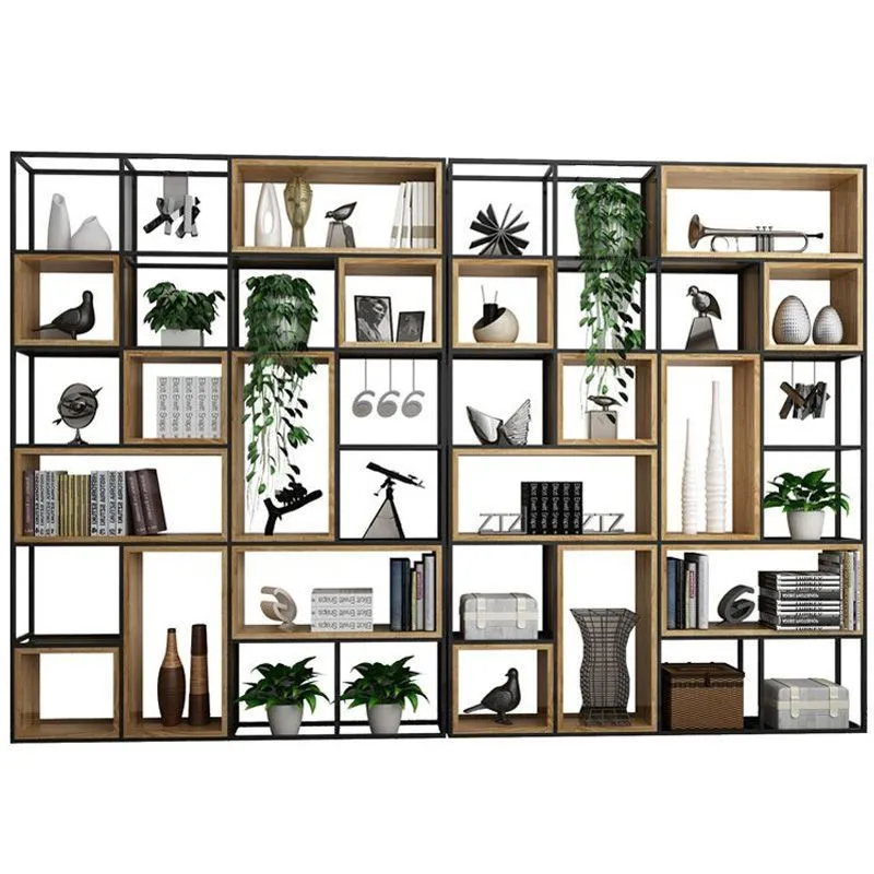 American shelf office partition display shelf floor multi-layer bookshelf living room solid wood screen iron storage shelf