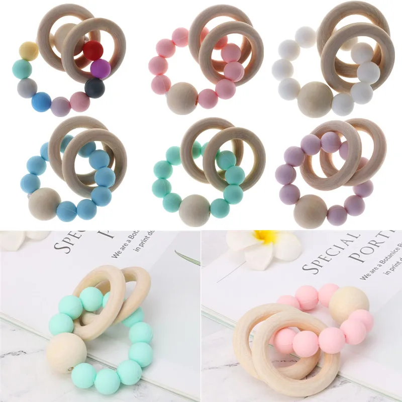 BPA Free Baby Teether Silicone Beads Teether Newborn Teething Toys Bracelet Pain Relief Wood Rings Chewing Teether Baby Supplies