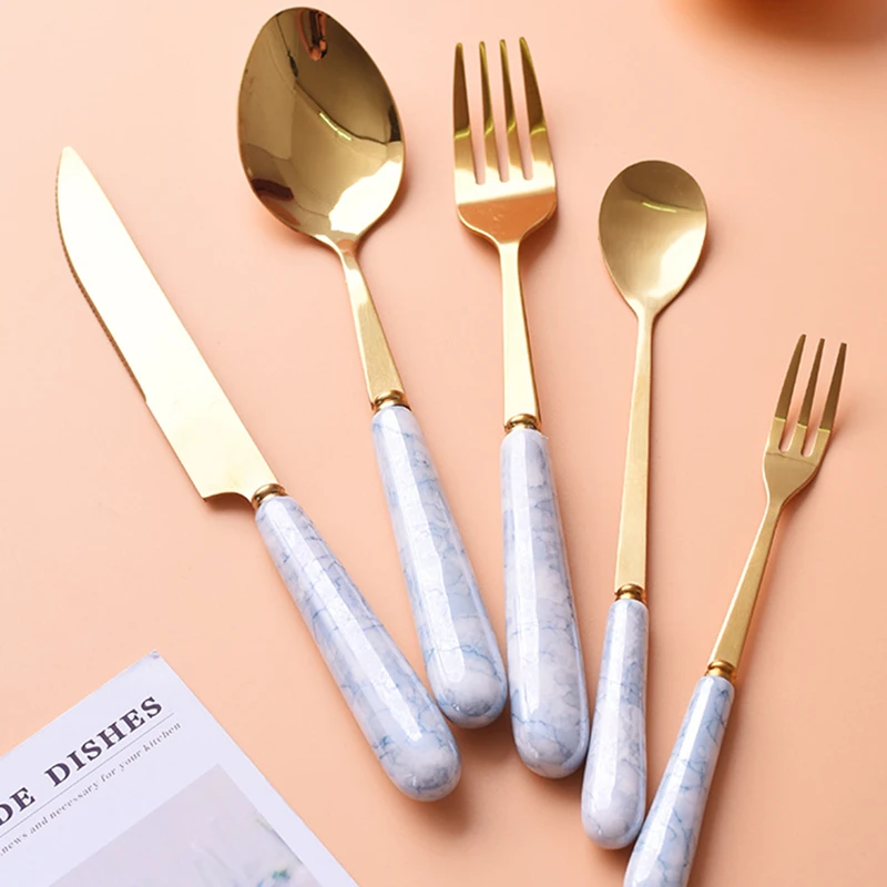 5Pcs/Set Tableware Stainless Steel Spoons Steak Forks Knives Ceramic Handle Cutlery Western Food Dinnerware Kitchen Tools