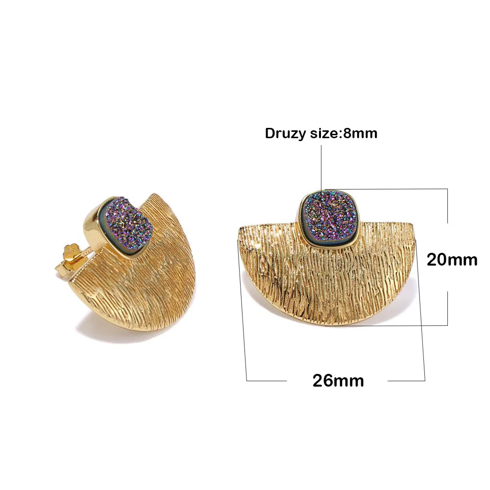 ShinyGem Natural Square Crystal Gold Earrings Luxury Semicircle Stud Sparkling For Women S925 Sterling Silver