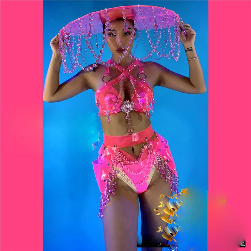 girl nightclub stage dance team costumes Sexy Pink gogo costume transparent crystal pendant headwear