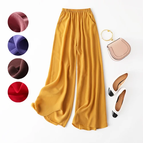 100% crepé de seda de morera tipo fino pantalones largos sueltos de pierna ancha pantalones beige negro azul marino muchos colores AA002