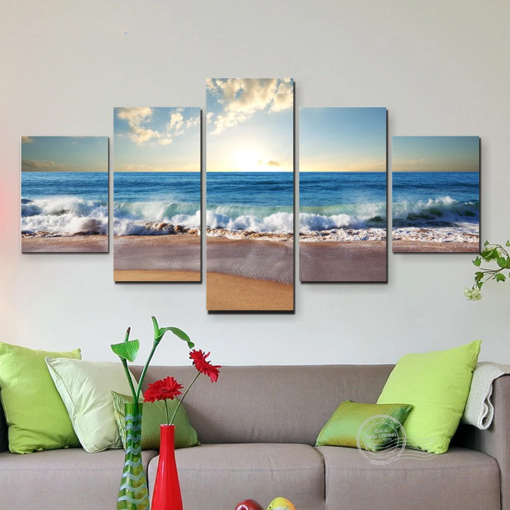 

HD Prints Canvas Paintings Posters 5Pcs Sunshine Beach Sea Waves Seascape Pictures Home Wall Art Decor(No Frame)