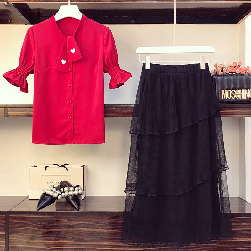 BLLOCUE 2020 Summer Suit Set Women Red Short Sleeve Heart Pattern Shirt Top + Black Mesh Cake Skirt Set Runway Two-piece Set