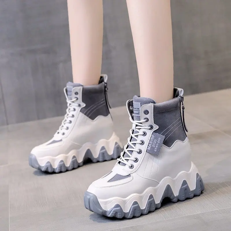 New Winter Boots Women High Platform Sneakers 7CM Height Increasing Ankle Boots Thick Sole Casual Fur Shoes Woman Chunky Boots