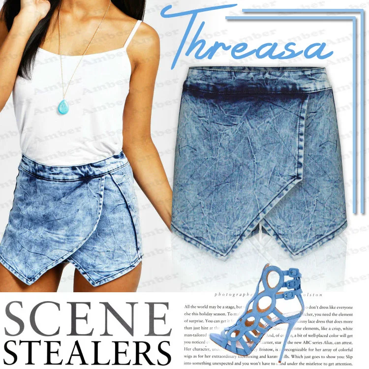 New Crossing and Layering Irregular Tie Pattern Wide Leg Denim Shorts and Skirt Pants