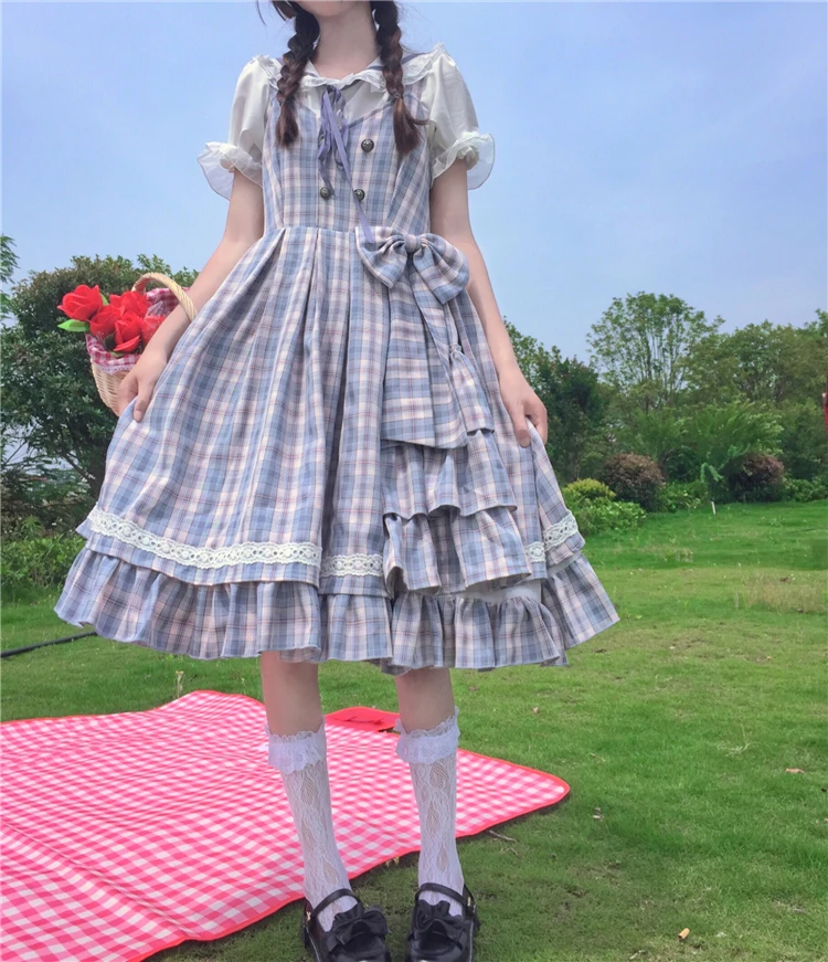 Sweet lolita dress vintage  bowknot plaid jk uniform high waist princess victorian dress kawaii girl gothic lolita cosplay loli