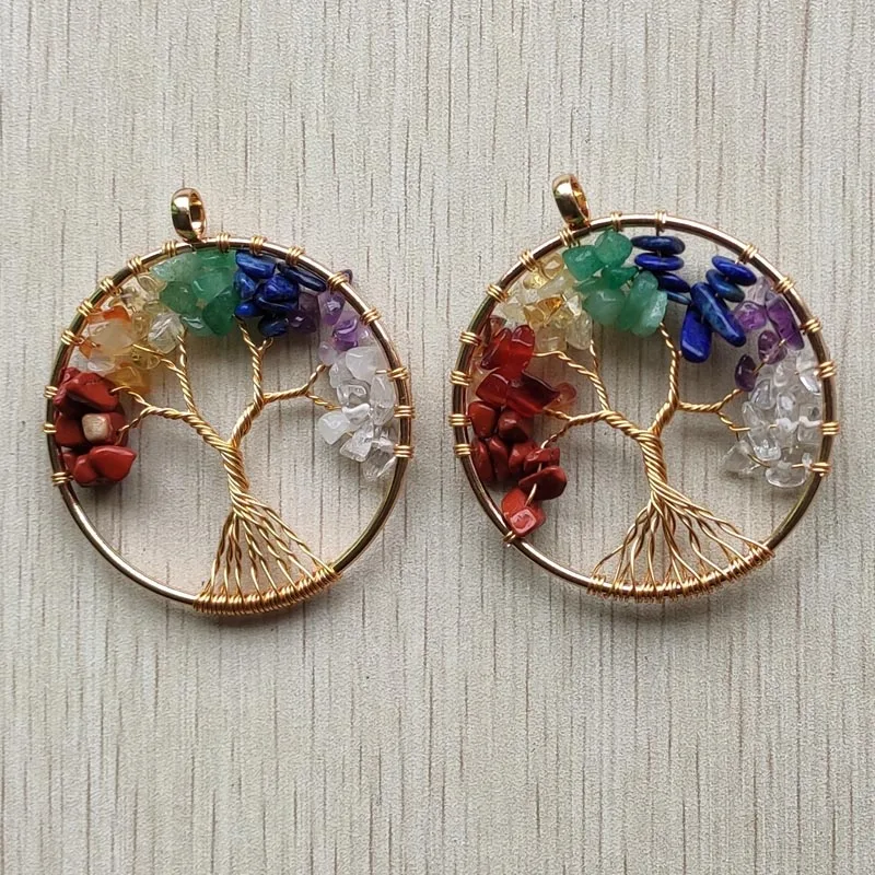 Wholesale 10pcs/lot new mixed natural stone Tree of life gold color wire wrapped Pendants 50mm for jewelry marking free shipping