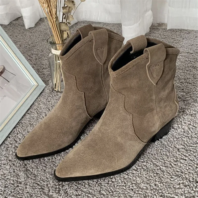 

Suede Ankle Boots for Women Chunky High Heel Short Booties Slip-on Chelsea Boots Casual Pointed Toe Botas Mujer