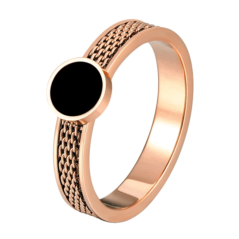 Exquisite Chain And Circle Black Acrylic Charm Ring High Quality Titanium Steel Gold Color Fashion Jewelry Gift For Woman