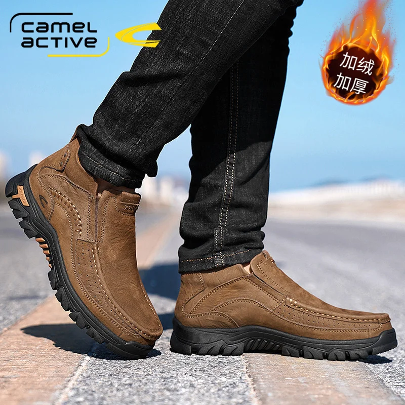 Camel Active Genuine Leather Snow Boots For Men New Winter Waterproof Shoes Short Plush Luxury Brand Working Men Boots Plus Size