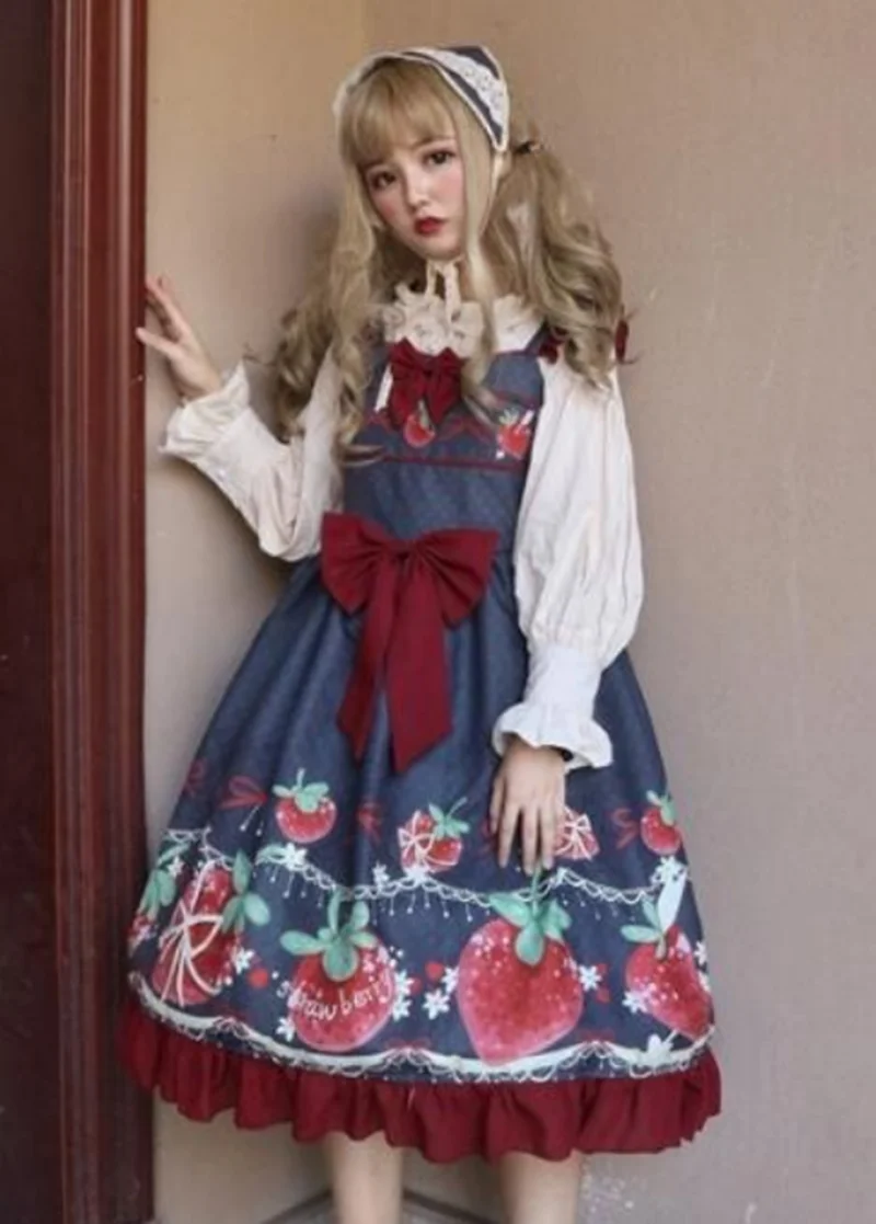 

Strawberry lolita dress kawaii girl lace printing victorian dress lolita sets shirt+jsk+headwear gothic lolita loli cos