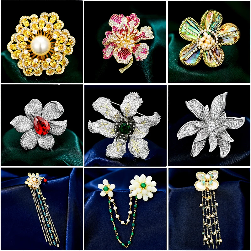 

Luxury Shines Cubic Zircon Flower Brooch Temperament Coat Corsage Handmade Pearl Tassel Brooch Pin Accessories for Women's Gift