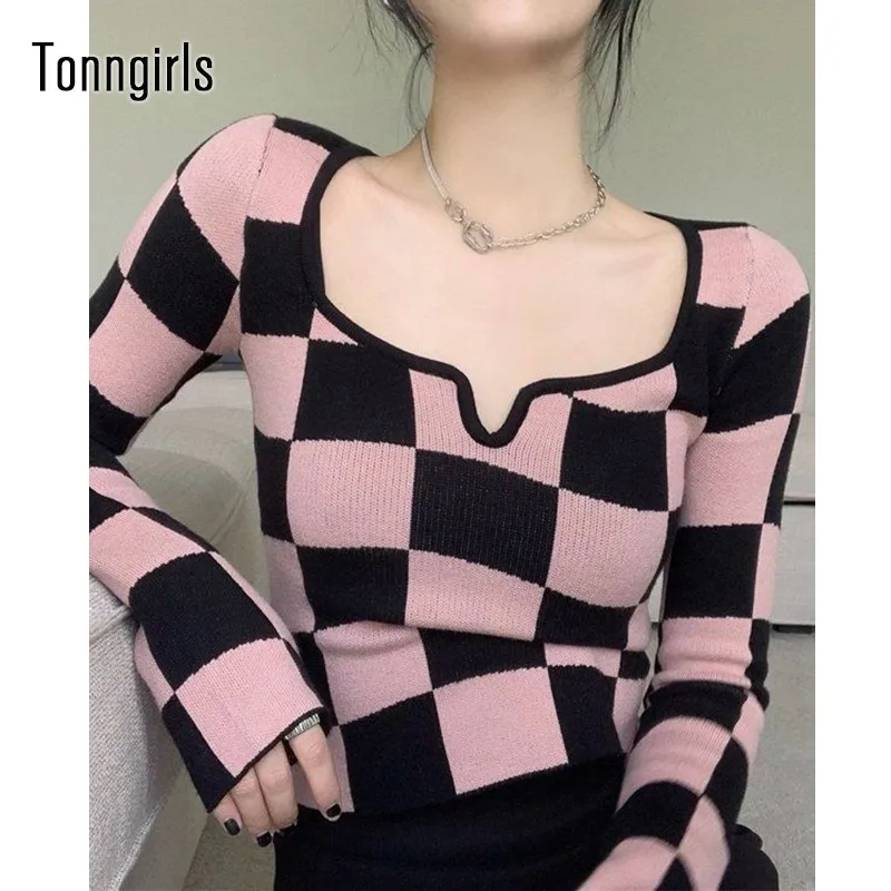 Tonngirls Knitted T Shirt Women Clothing Pink Plaid Square Collar Ladies Tops Long Sleeve 2022 Korean Slim Skinny Cropped Tees