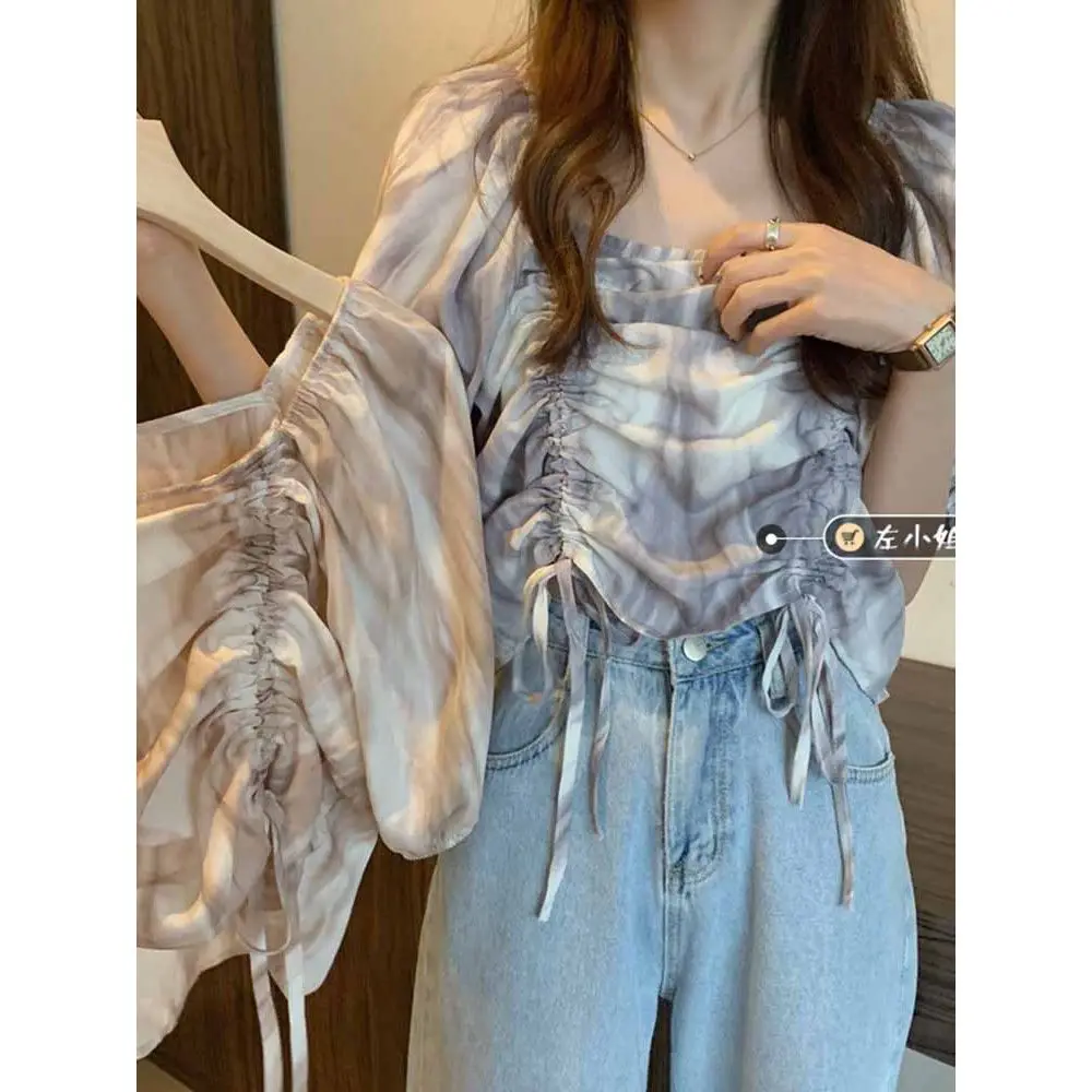 

Summer 2021 new light ripe design feel pull rope bubble sleeves to show thin commuting tie-dye blouse short style blouse women