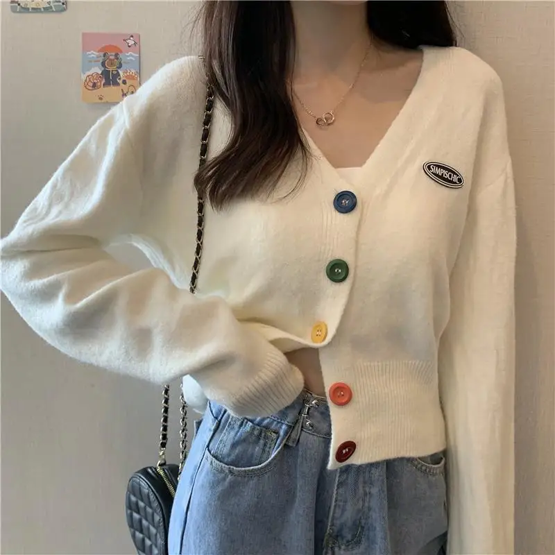 Knit Korean Crop Sweaters Cardigan For Women Oversize Long Sleeve Top Knitwear Autumn Short Outerwear Ladies Clothes V Neck