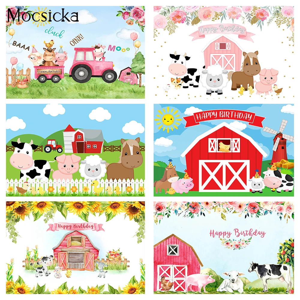 Farm Courtyard Happy Birthday Party Backdrop Decoration Red Barn Wild Animals Background Flowers Kids Birthday Cake Smash Photo