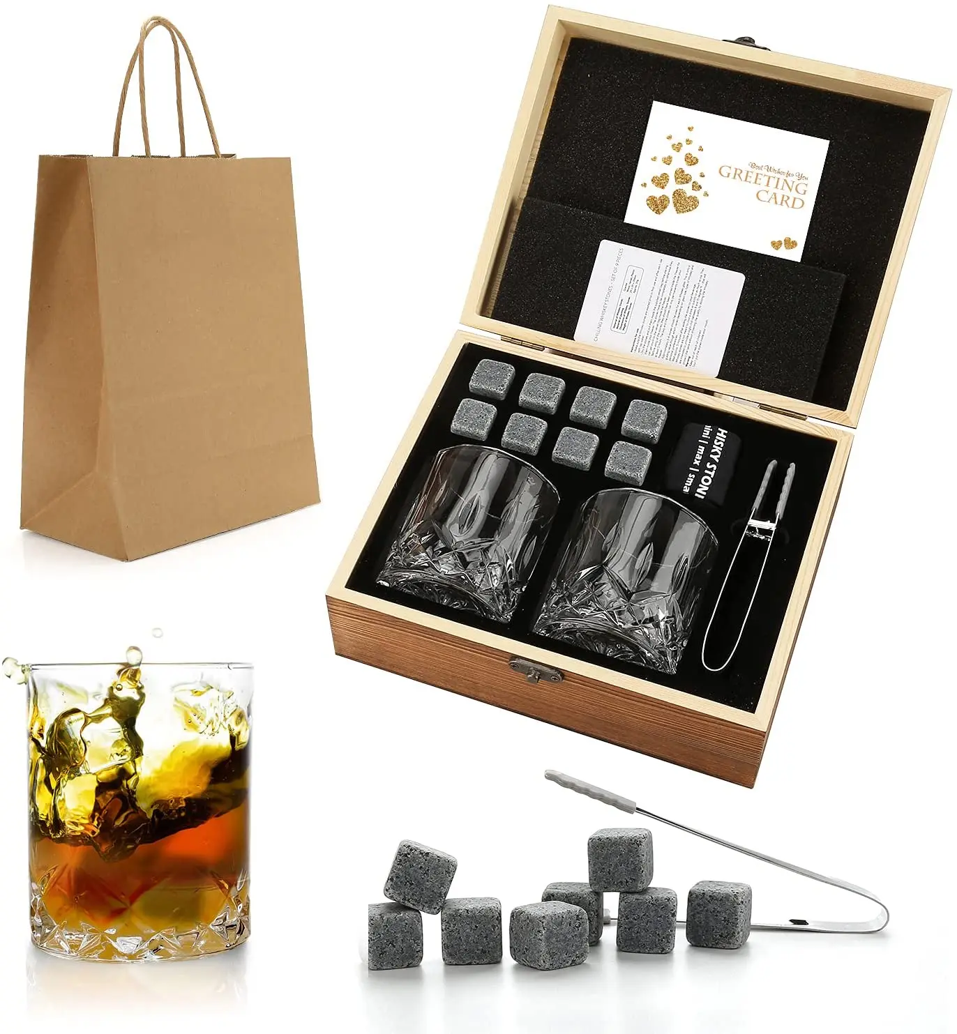 Juego de piedras y vasos de Whisky, cubo de hielo de granito para Whisky, rocas enfriadoras de Whisky en caja de madera, el mejor regalo para papá, marido y hombre