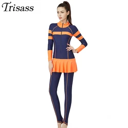 Trisass 2020 New Women Skirt One Piece Swimsuit Plus Size L-6XL Sport Long Sleeve Bodysuit Long Pants Surf suit With Zipper Cap