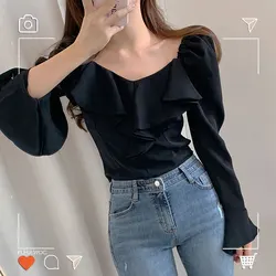 Ruffled Tops And Blouses Autumn Fall Basic Wear Flare Sleeve Chic Korean Fashion Shirts Black Off Shoulder Women Top Blusas