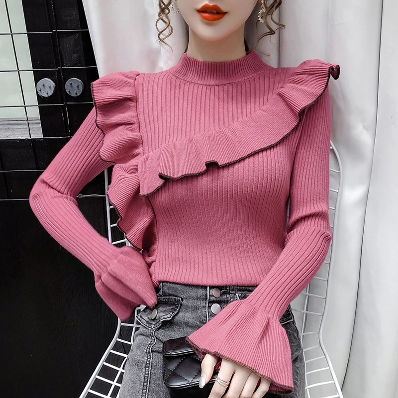 2020 Autumn and Winter New Korean Female Half-high Round Neck Pullover Slim Bottoming Shirt Trumpet Sleeve Knit Sweater Top