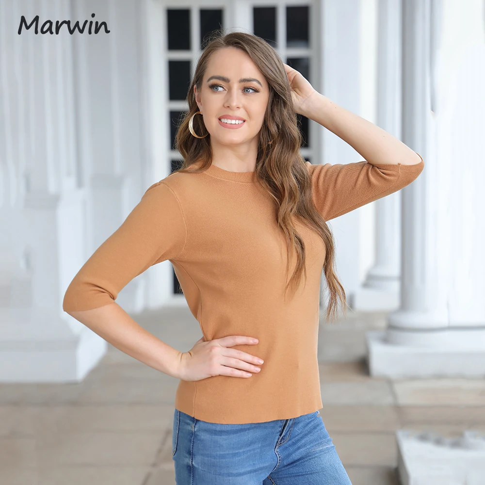 Marwin New Autumn Winter Half Sleeve O-Neck Office Lady Solid Women Slim Soft Warm Sweater Undershirt Female Fashion Pullover