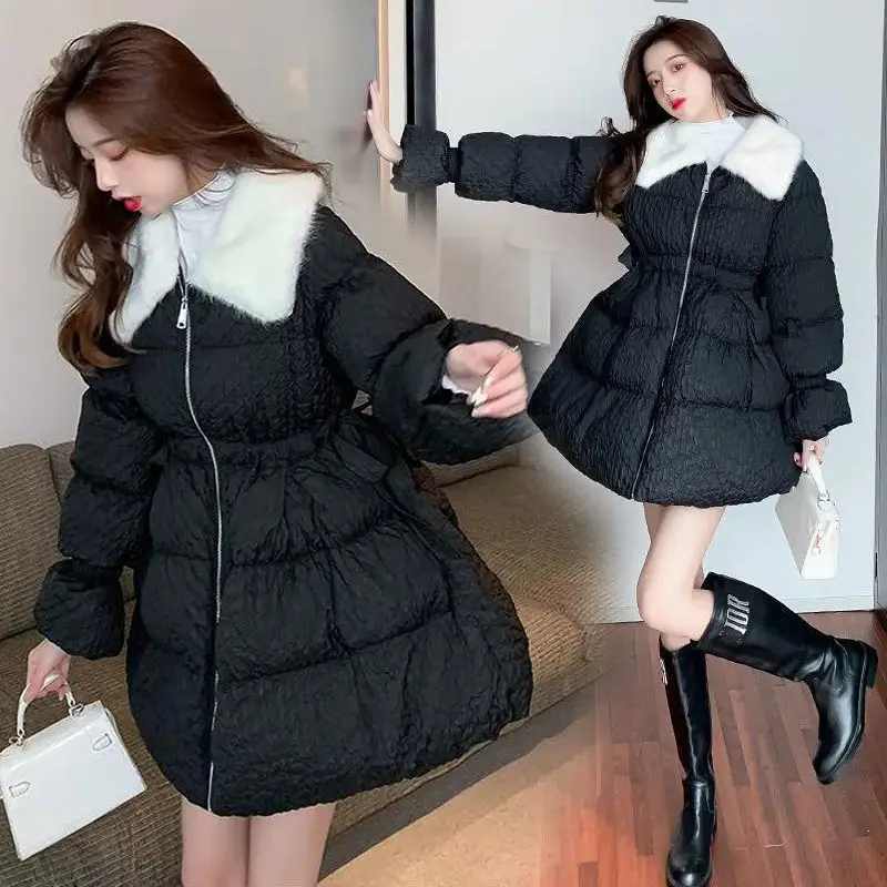 2024 New Fashion Fur Lapel Collar Winter Down Cotton Jacket Female Skirt Style Korean Thick Warm Coat Padded Ladies Clothes