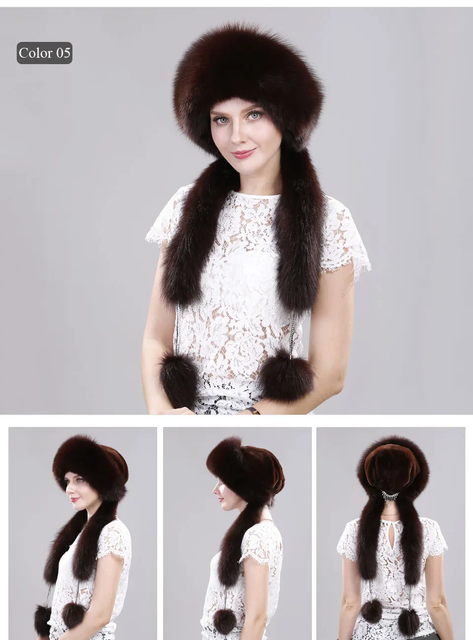 Echte Fuchspelzmütze mit Kaninchenfell-Oberteil, Wintermützen für Mädchen mit langen Pompons, Russische Trappermützen, Bombermützen, Bonnets für Frauen – Detail 7