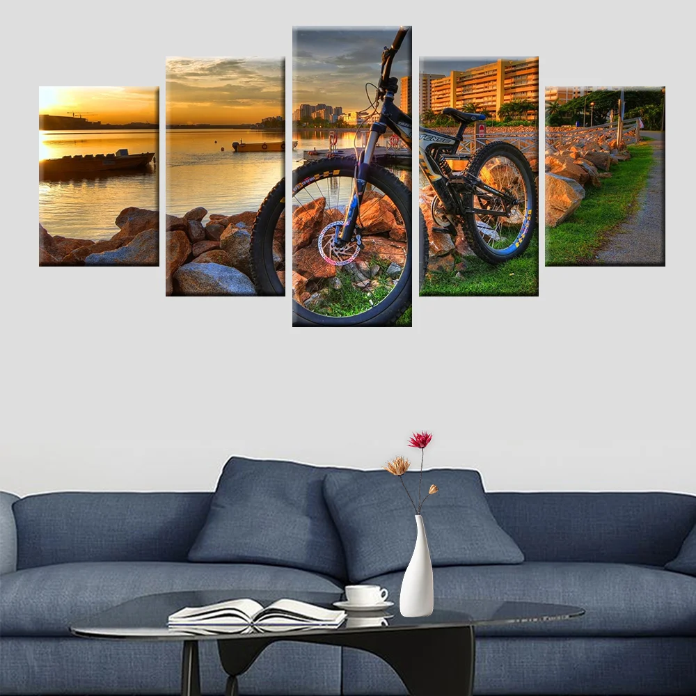 Wall Art Canvas Painting 5 Panel Mountain Bike Racing Wall Art Bicycle Sunset Landscape Poster Living Room Bedroom Decor Picture