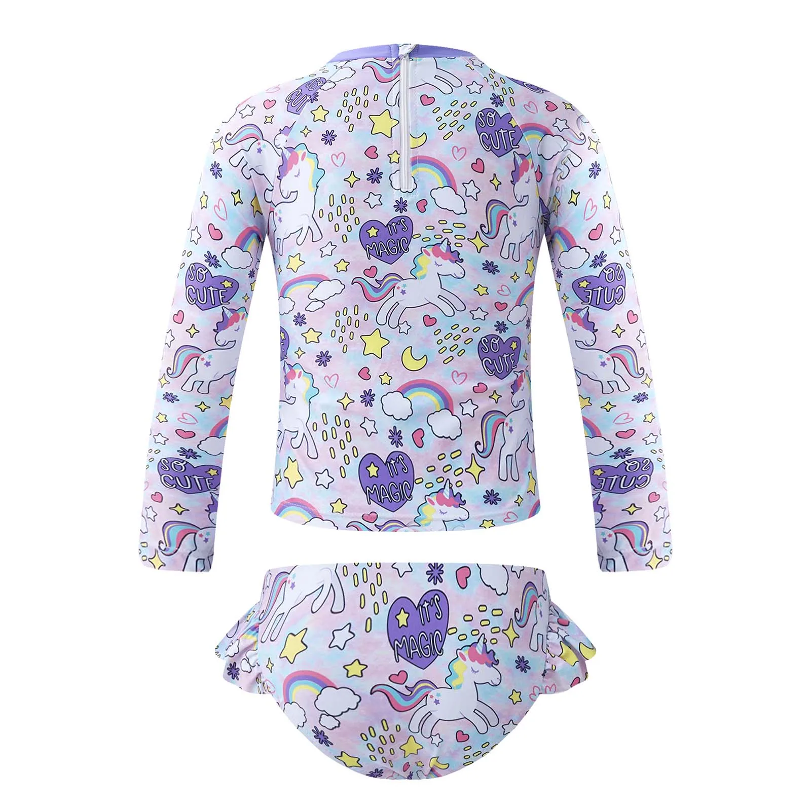 TiaoBug 2Pcs Kids Girls Swimming Suit Round Neck Long Sleeves Cartoon Print Tops With Brief Set For Beach Pool Bathing Rashguard