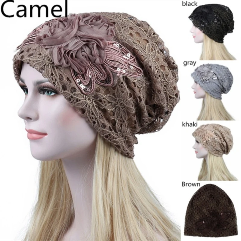 Women Hats Fashion Lady Lace Floral Skullies Headscarf Hat Summer Thin Bonnets For Women Beanie Fashion Muslim Female Hats Caps