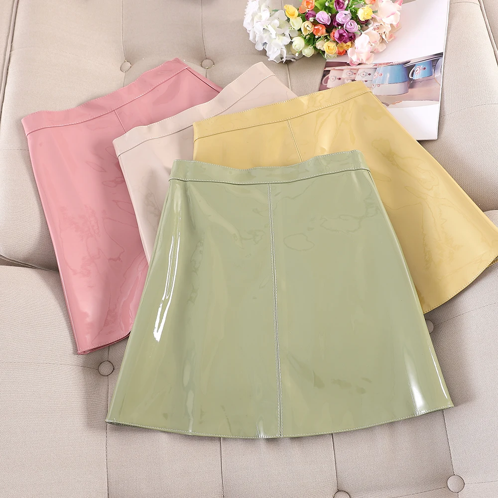 Women\'s Short Faux PU Leather Skirt, Female Mini Skirts, Korean Fashion, Bright, A-Line, 7 Colors, Autumn, Winter