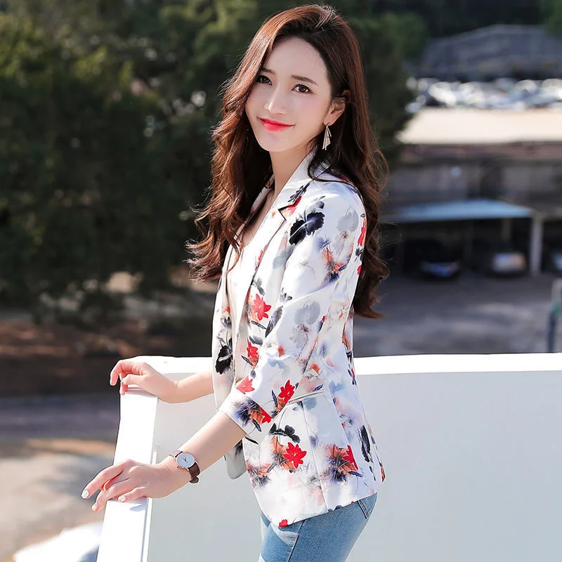 2023 New Summer Women Thin Small Suit Jacket Female Slim Fit, Seven-Quarter Sleeves Printed Suit Jacket Temperament Casual A967