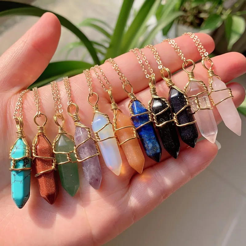 Reiki-colgante de piedra Natural, joyería curativa, envoltura de alambre, bala Hexagonal, amatista, collar de cristal de cuarzo, Péndulo de Chakra