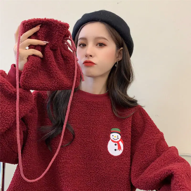 

Send satchel Plush thickened sweater women's 2021 winter new red imitation cashmere student versatile coat