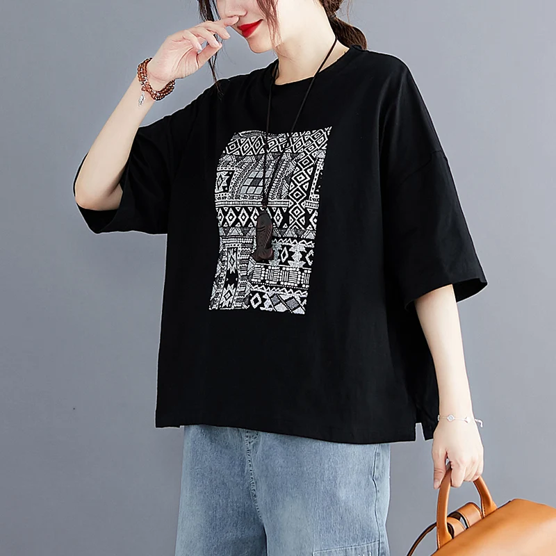 Summer Fashion Baggy Short Sleeve 100kg O-Neck Vintage Print Pattern t-Shirts Office Lady Loose Casual Pullover Tees Female