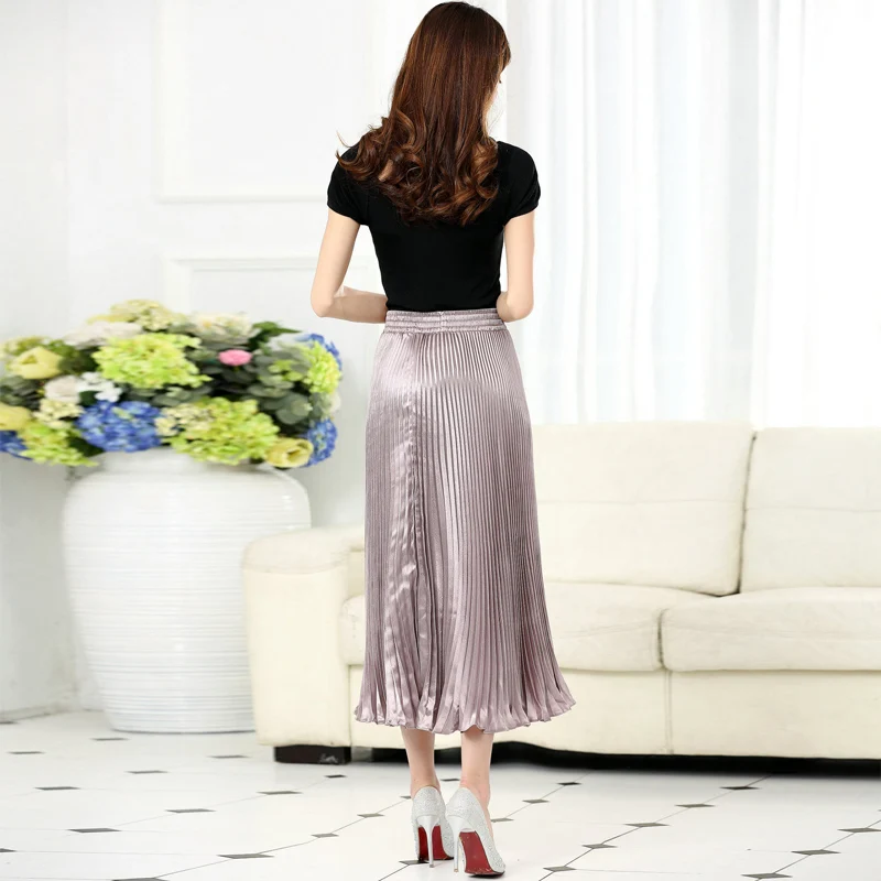 Women's Pleated Mermaid Skirt Female 2024 Spring Japan Style Casual High Waist Satin Midi Long Skirts Shiny Saias 17 Color SK501