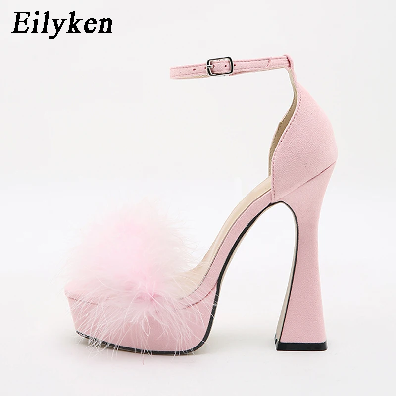 Eilyken Designer Faux Fur Chunky High Heels Sandals Fashion Peep Toe Buckle Strap Platform Women Stripper Shoes Size 35-41